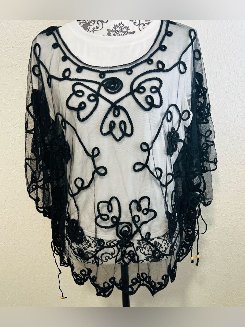 Pretty Angel Black Mesh Sheer Top Boho Soutache Embroidery One Size New